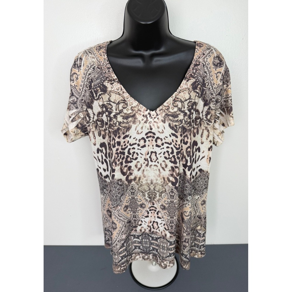 Energe Women's V-Neck Mixed Print Short Sleeve V-Neck Top Gray Size L 90s Y2K